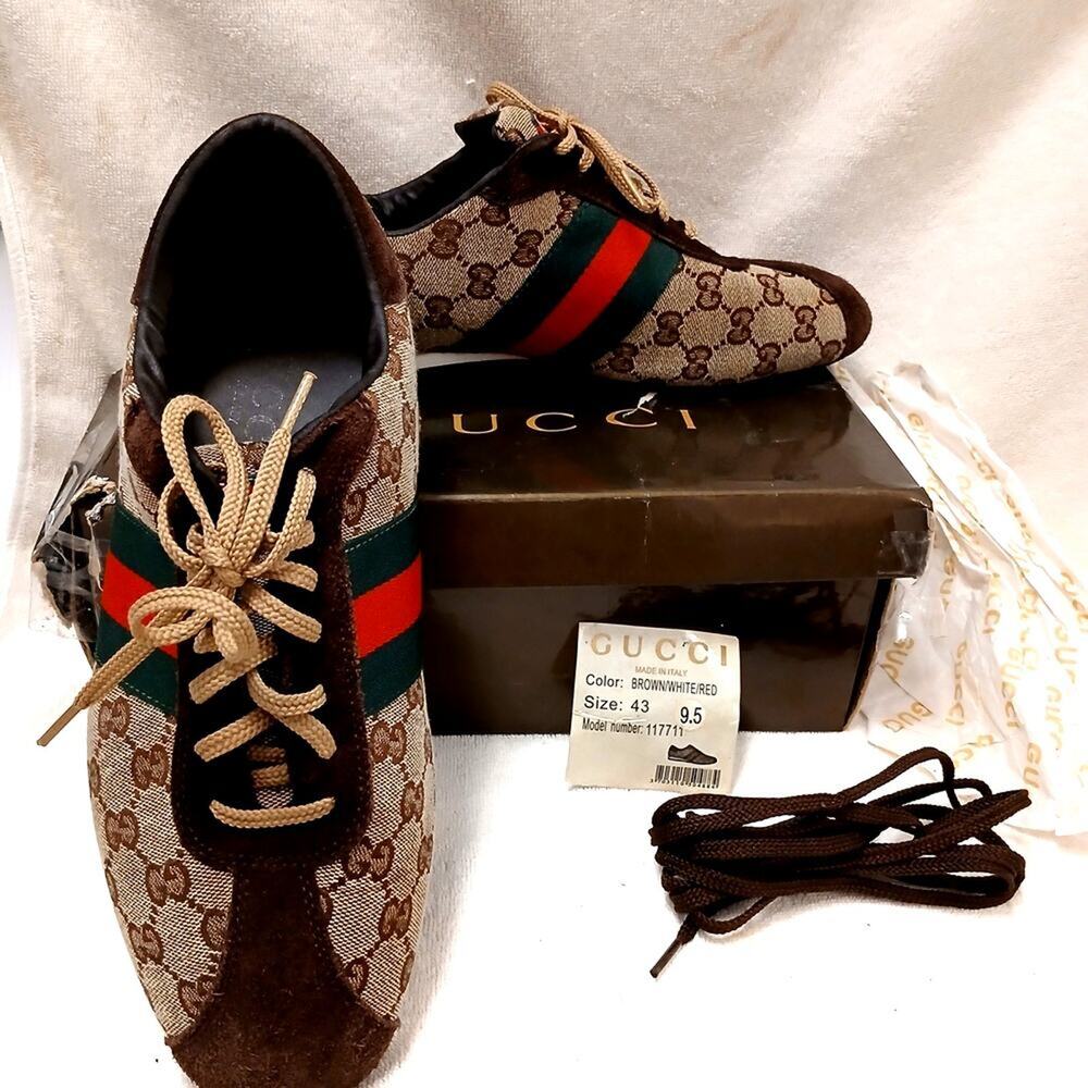 Gucci Web Detail Trainers Men 9.5 GG Canvas Suede Brown Tan Logo w‎ BOX AND Card